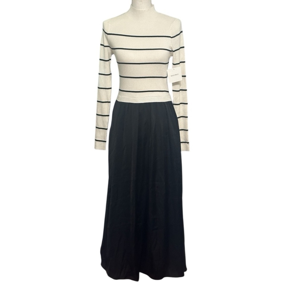 Ellen Tracy Black/White Stripes Long-sleeve Mock Neck Maxi Formal Dress NWT